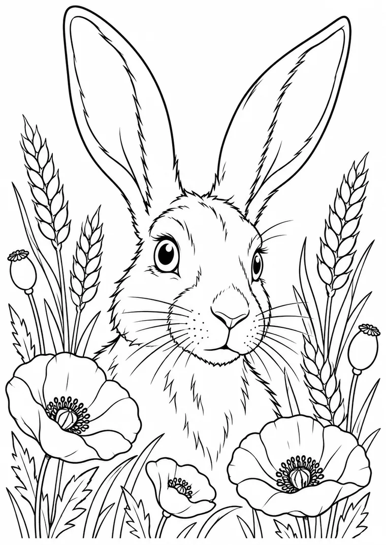 Hasenporträt mit Mohnblumen