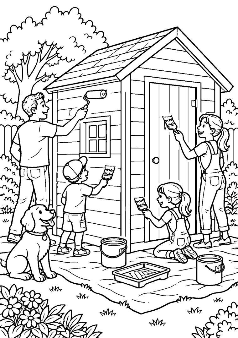 Familie streicht das Gartenhaus