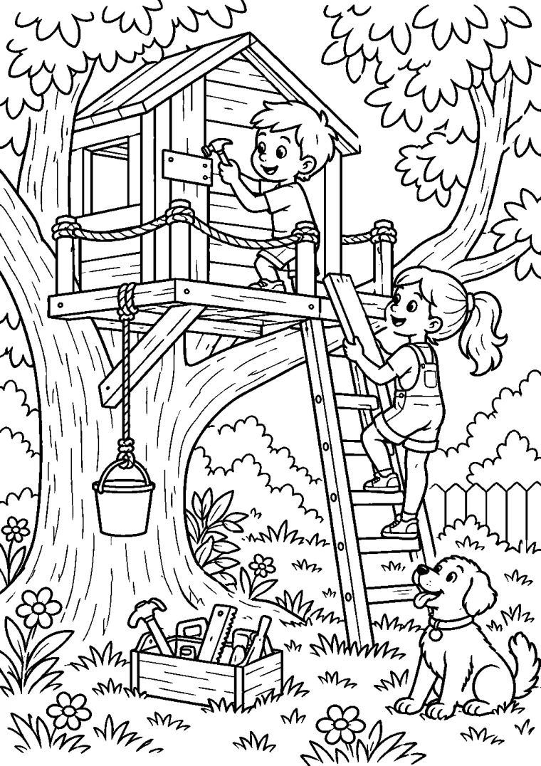 Kinder bauen ein Baumhaus