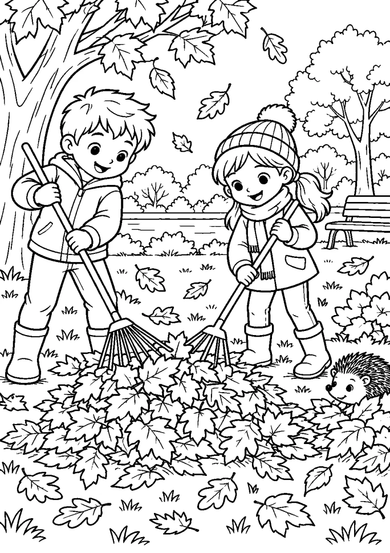 Kinder harken Herbstlaub