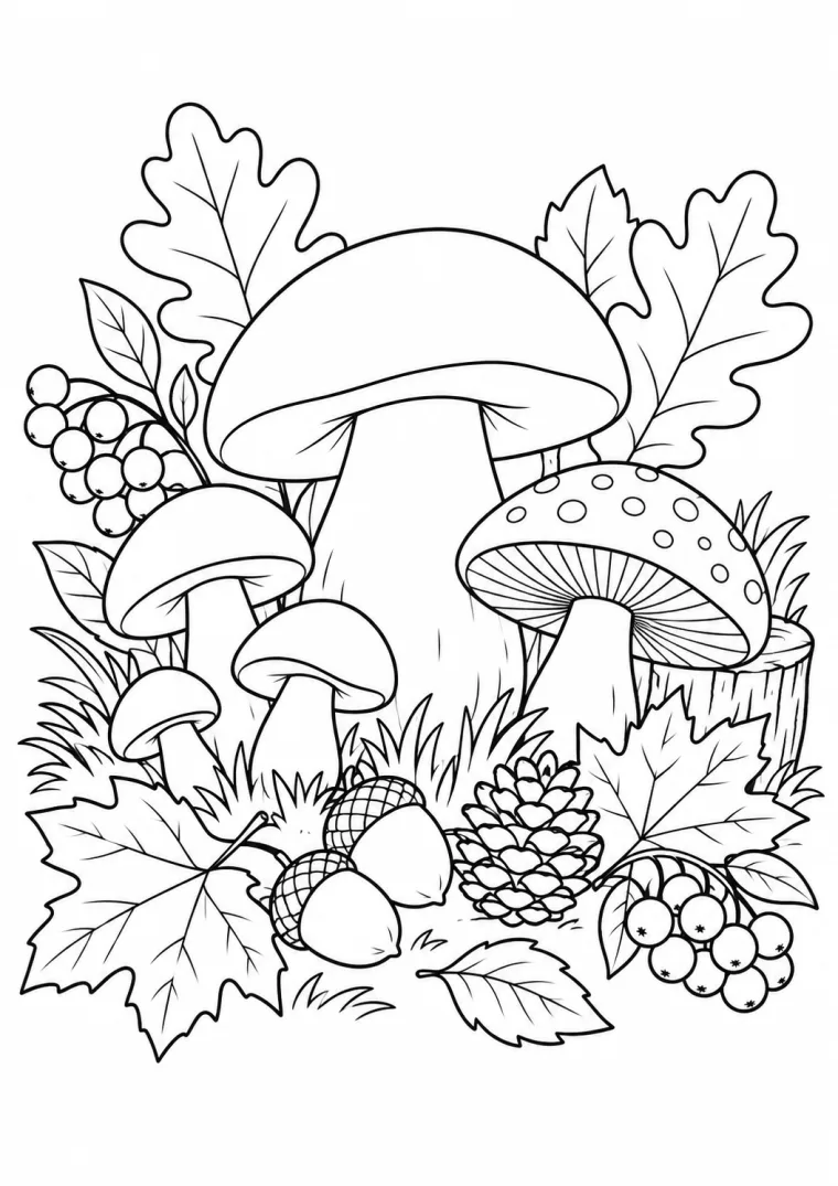 Herbst mit Pilzen, Eicheln und Blättern