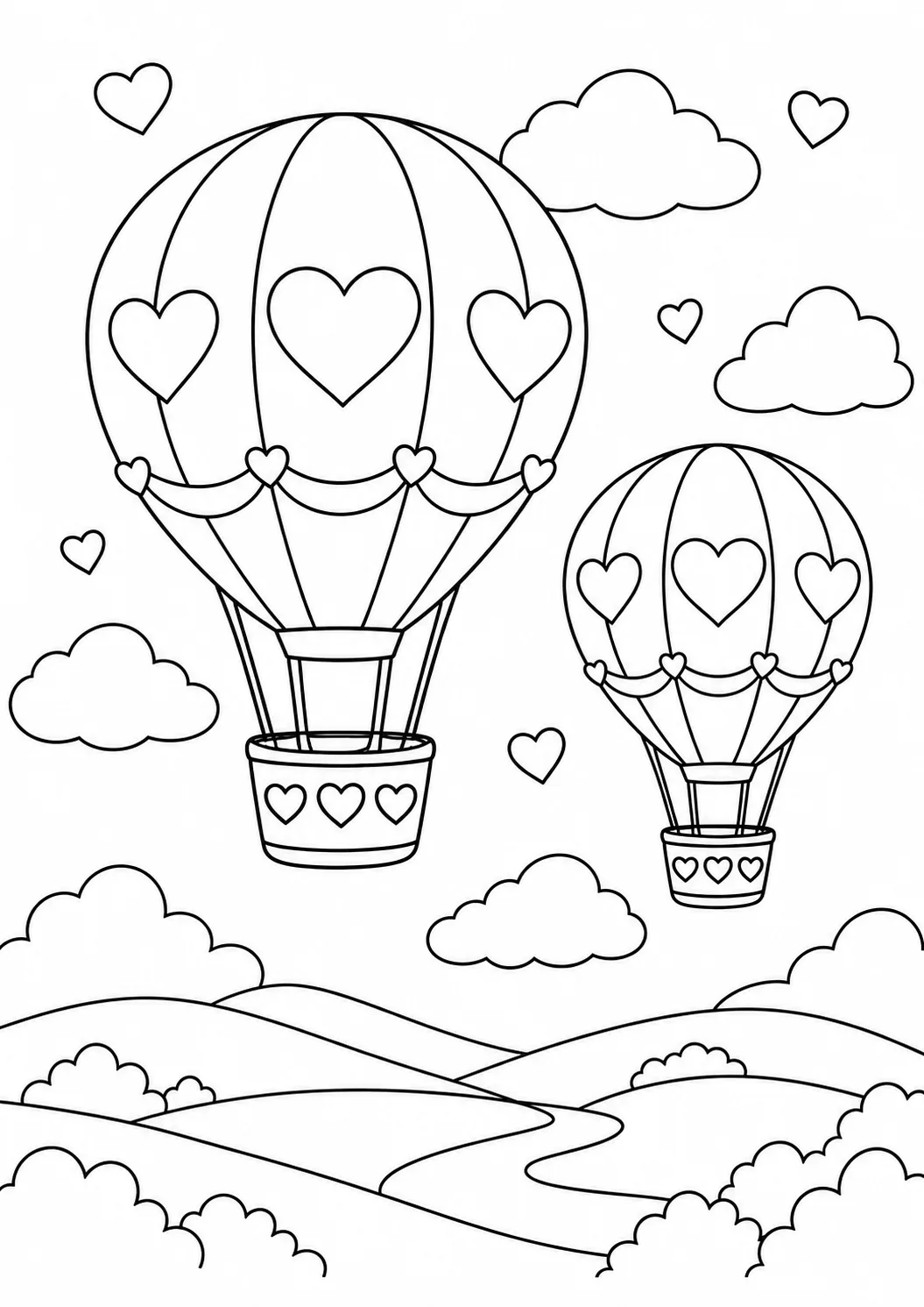 Herzballons über Hügeln