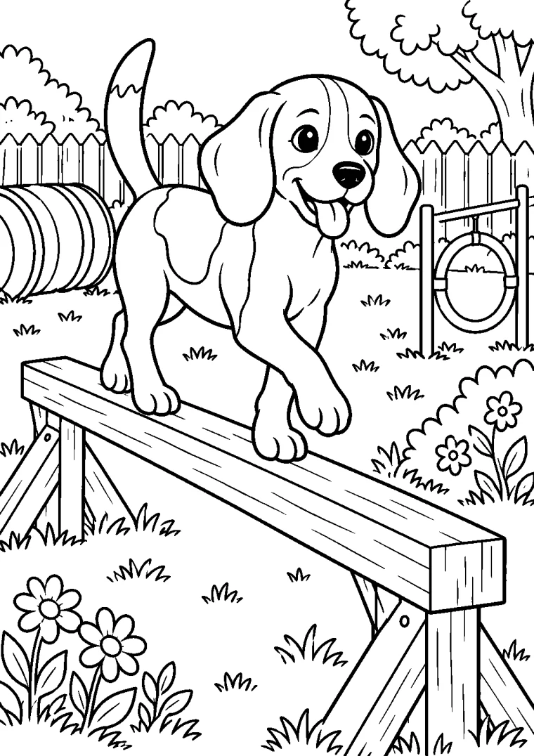 Hund auf einem Balancierbalken