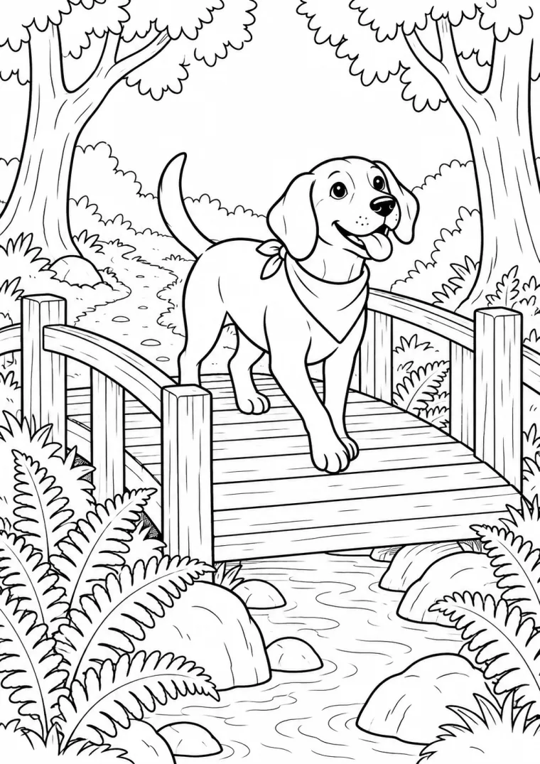 Hund auf einer Waldbrücke