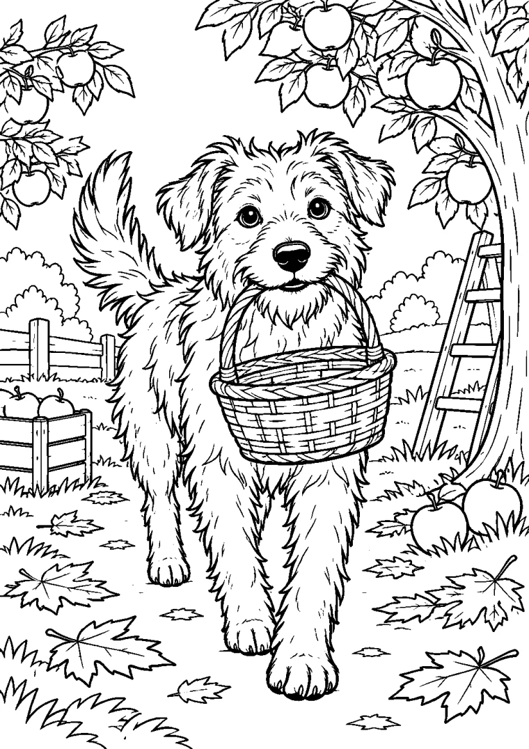 Hund mit Korb im Obstgarten