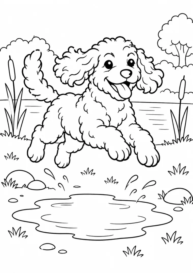 Hund springt über eine Pfütze