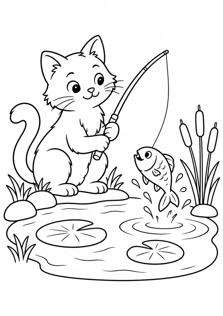 Katze beim Fischen am Teich