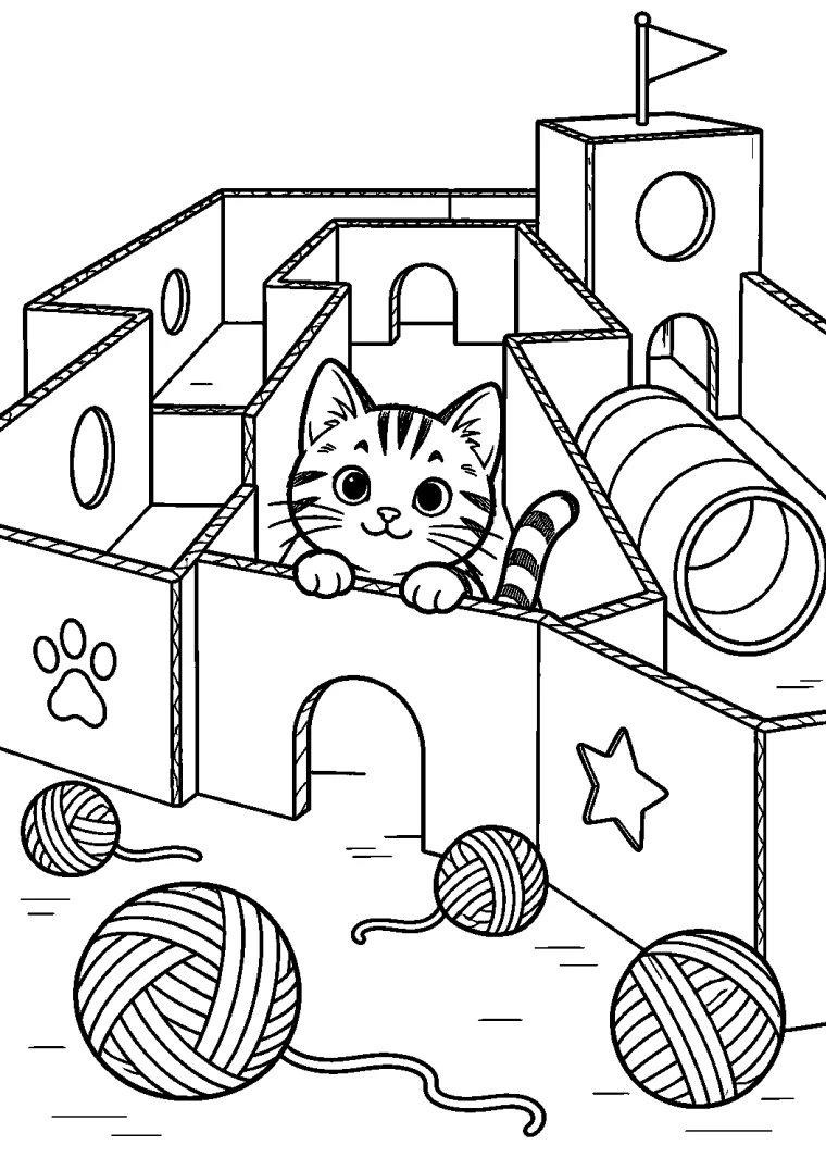 Katze im Pappkarton-Labyrinth