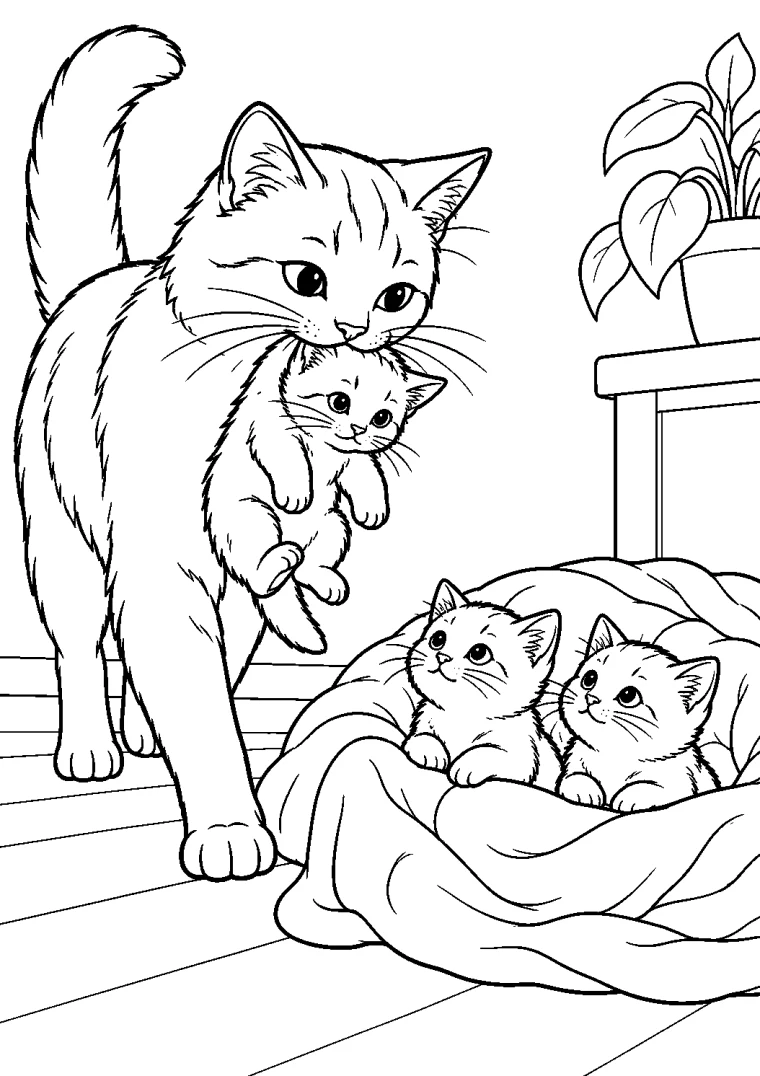 Katzenmutter mit drei Kitten