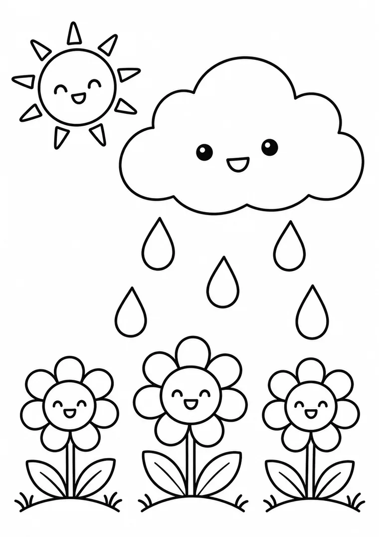 Kawaii-Regenwolke und Blumen