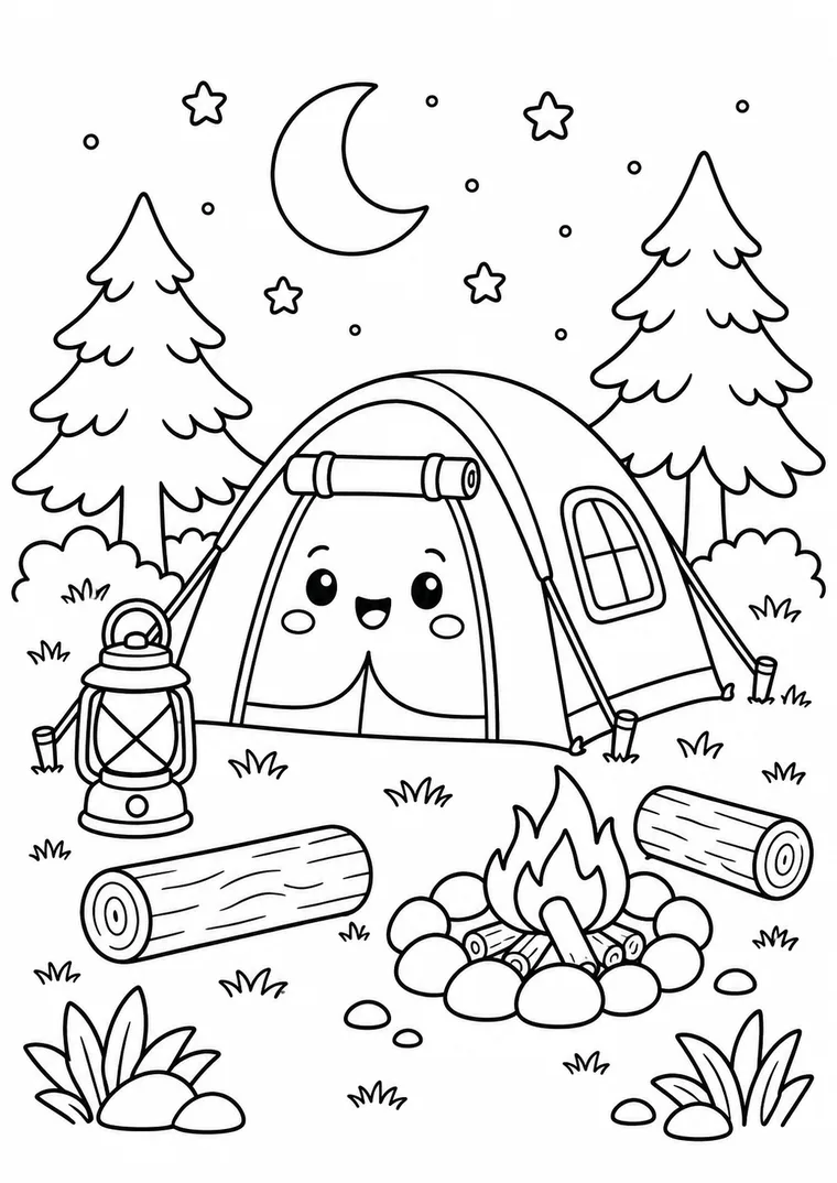 Kawaii-Zeltlager bei Nacht