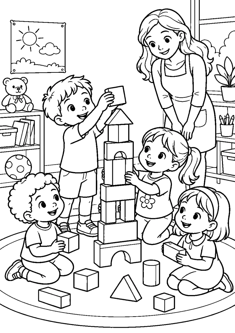 Kinder bauen einen hohen Klotzturm