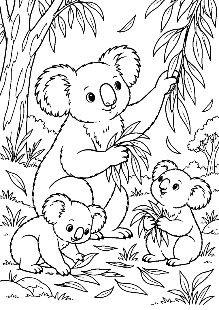 Koalafamilie sammelt Eukalyptusblätter