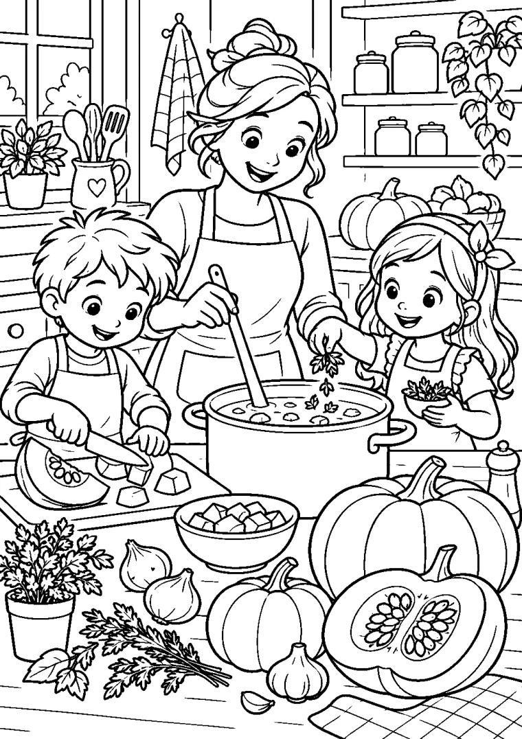 Familie kocht Kürbissuppe