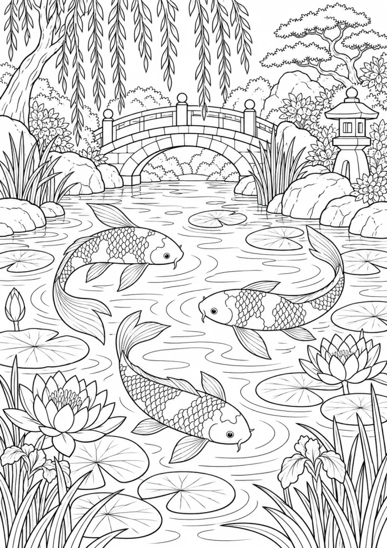 Koi-Teich mit Brücke
