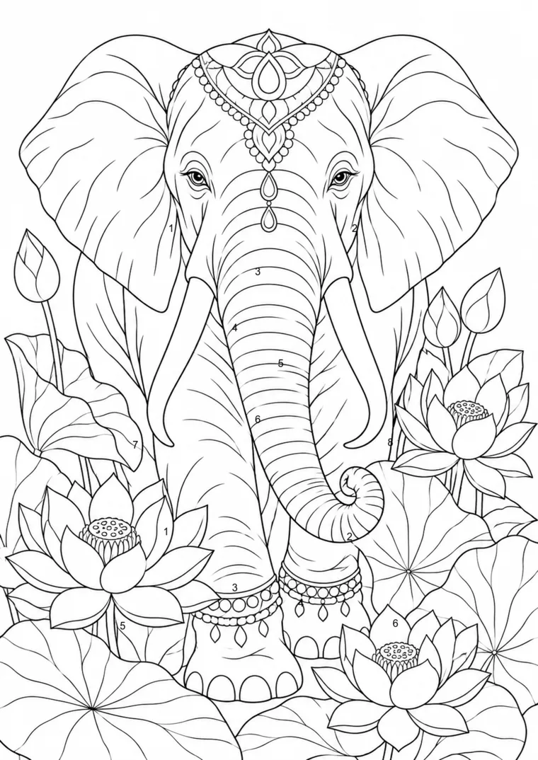 Elefant und Lotus nach Zahlen