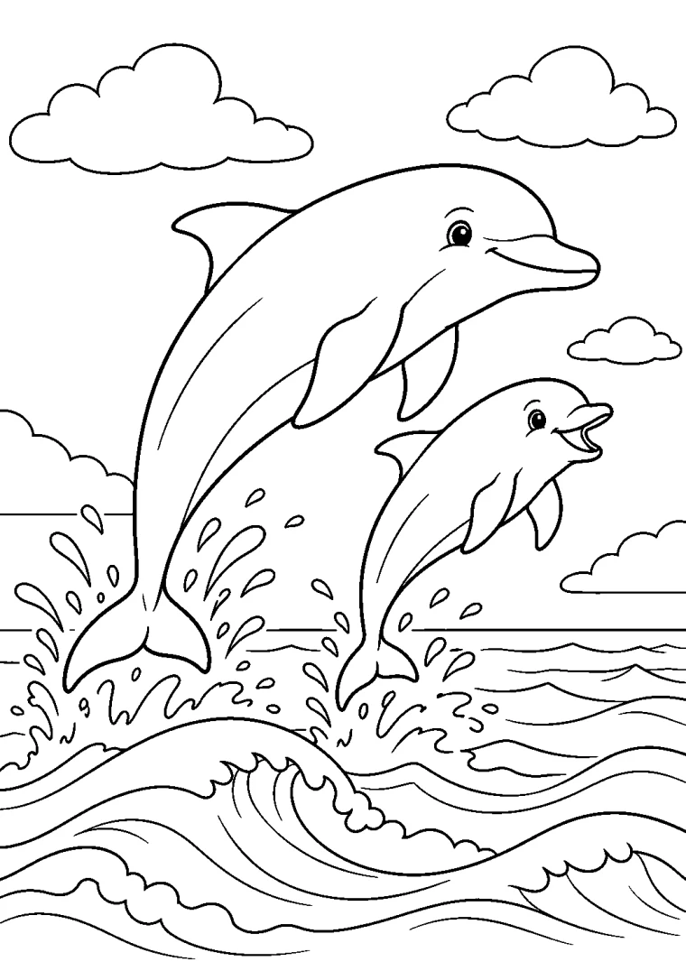 Delfinmutter und Kalb in den Wellen