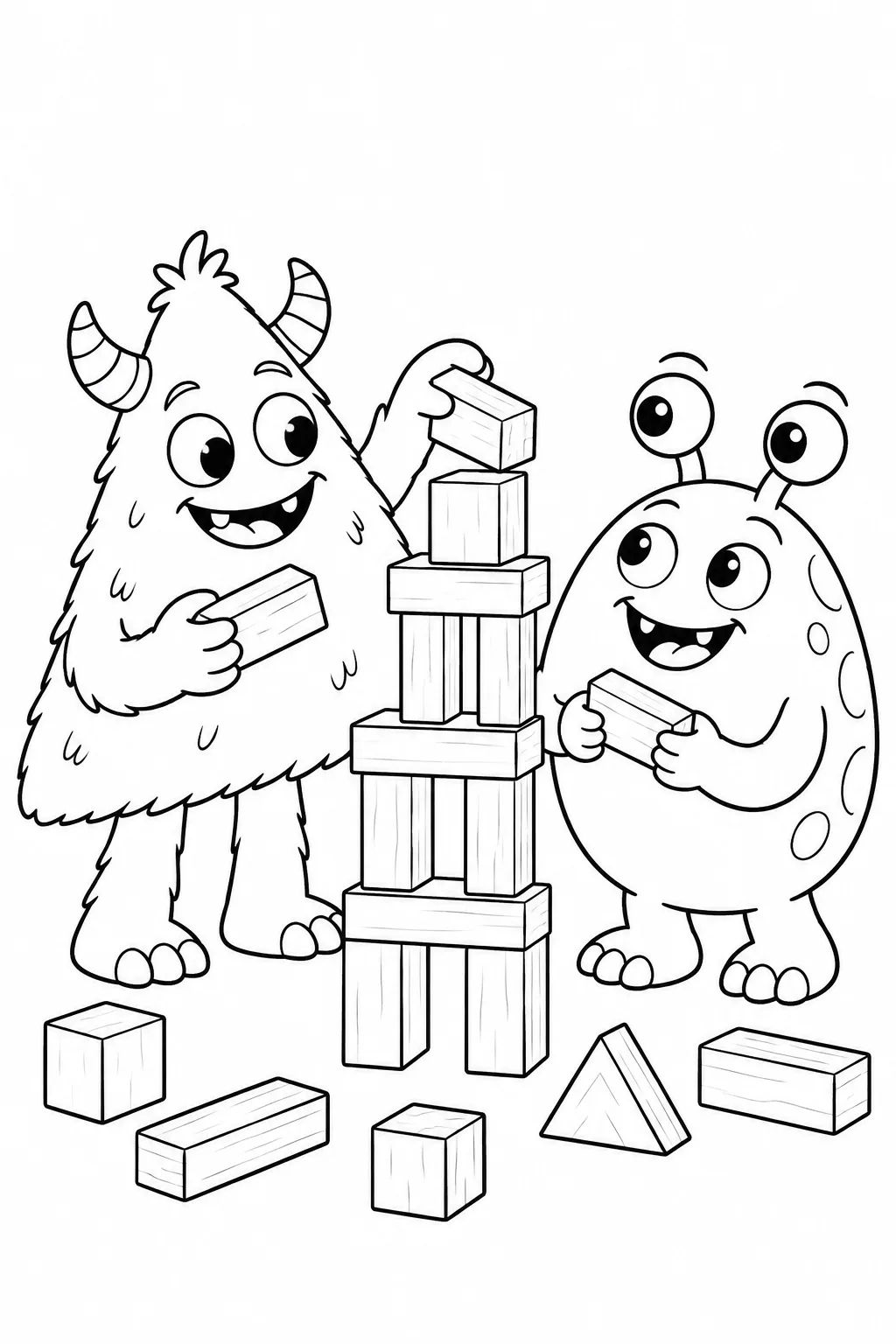 Zwei Monster bauen einen Klötzchenturm