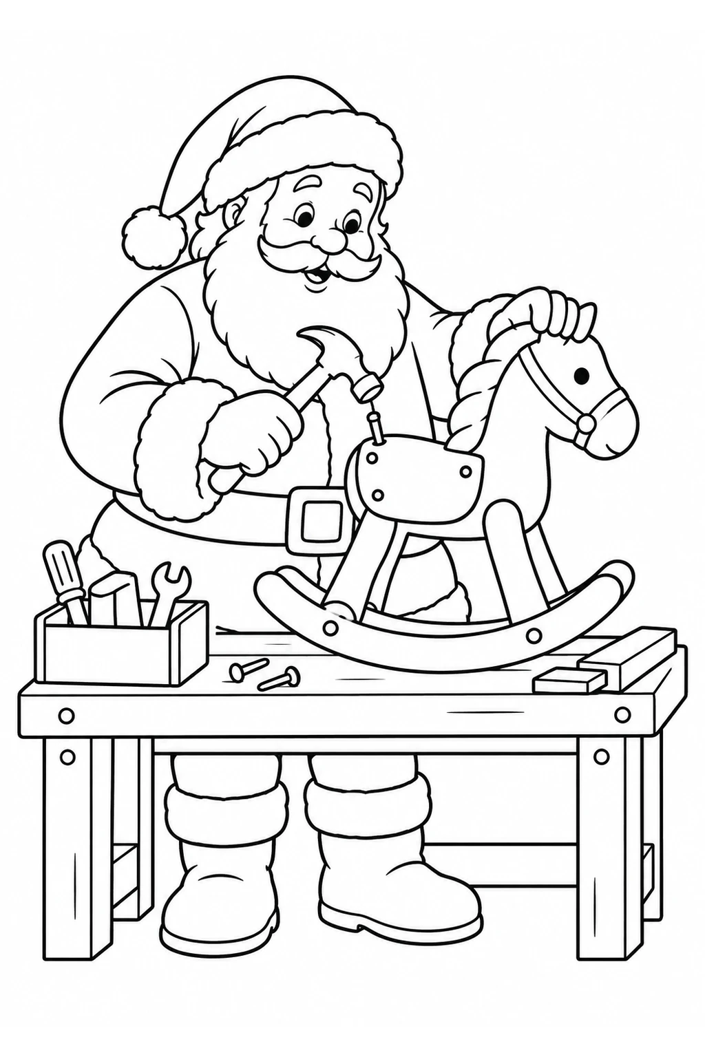 Weihnachtsmann repariert Holzspielzeug
