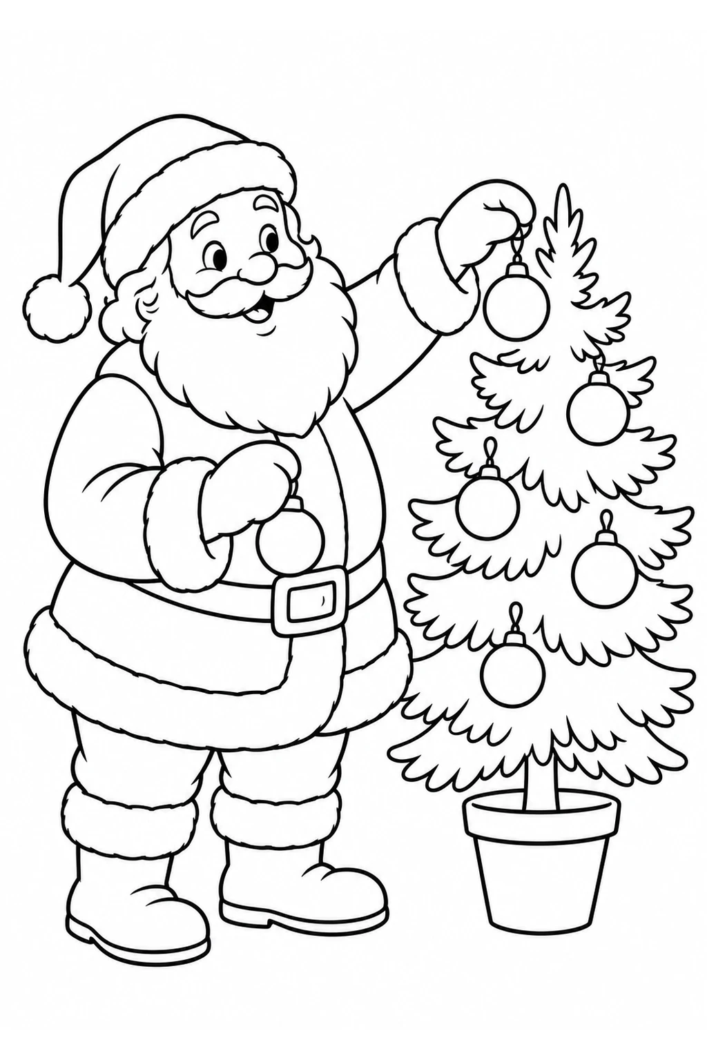 Weihnachtsmann schmückt einen Tannenbaum