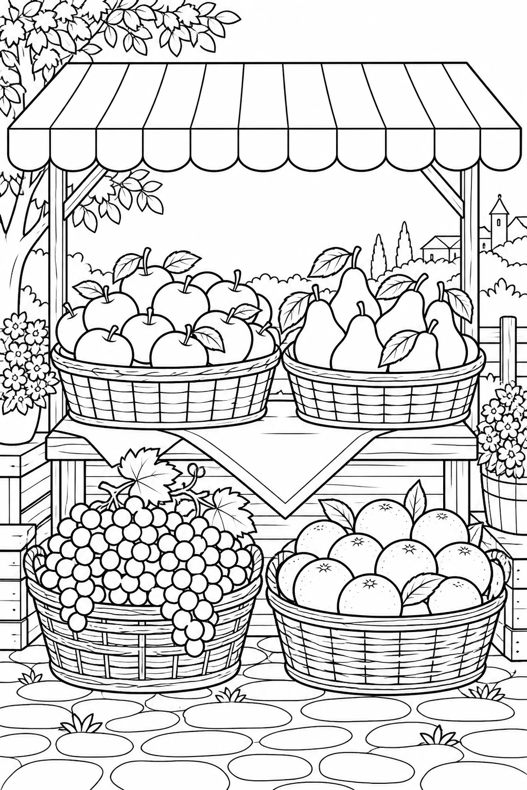 Obststand mit Fruchtkörben