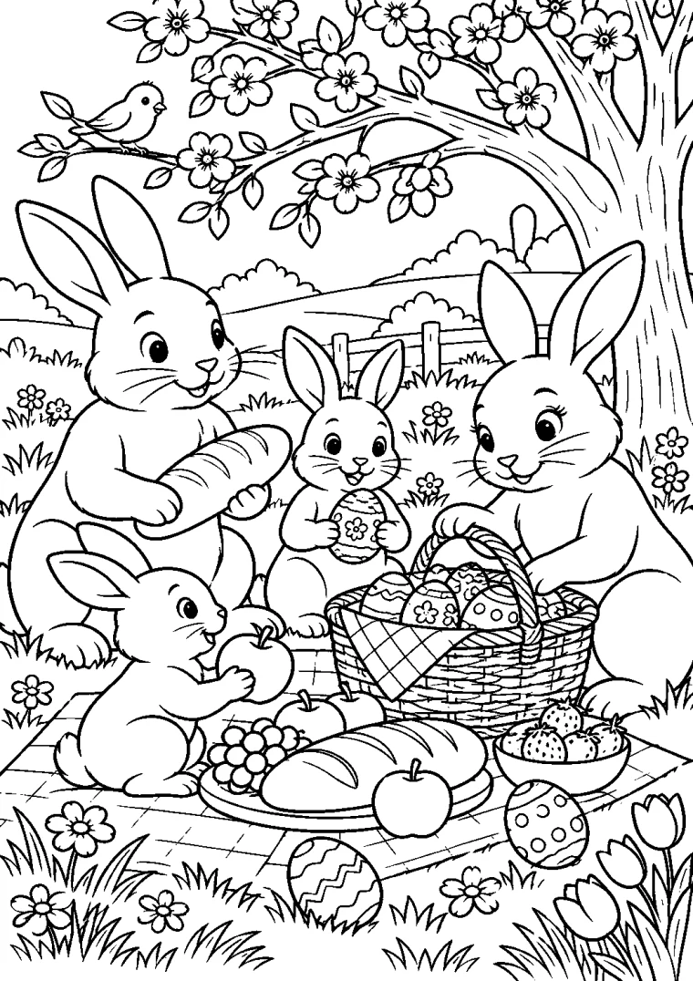 Hasenfamilie beim Osterpicknick