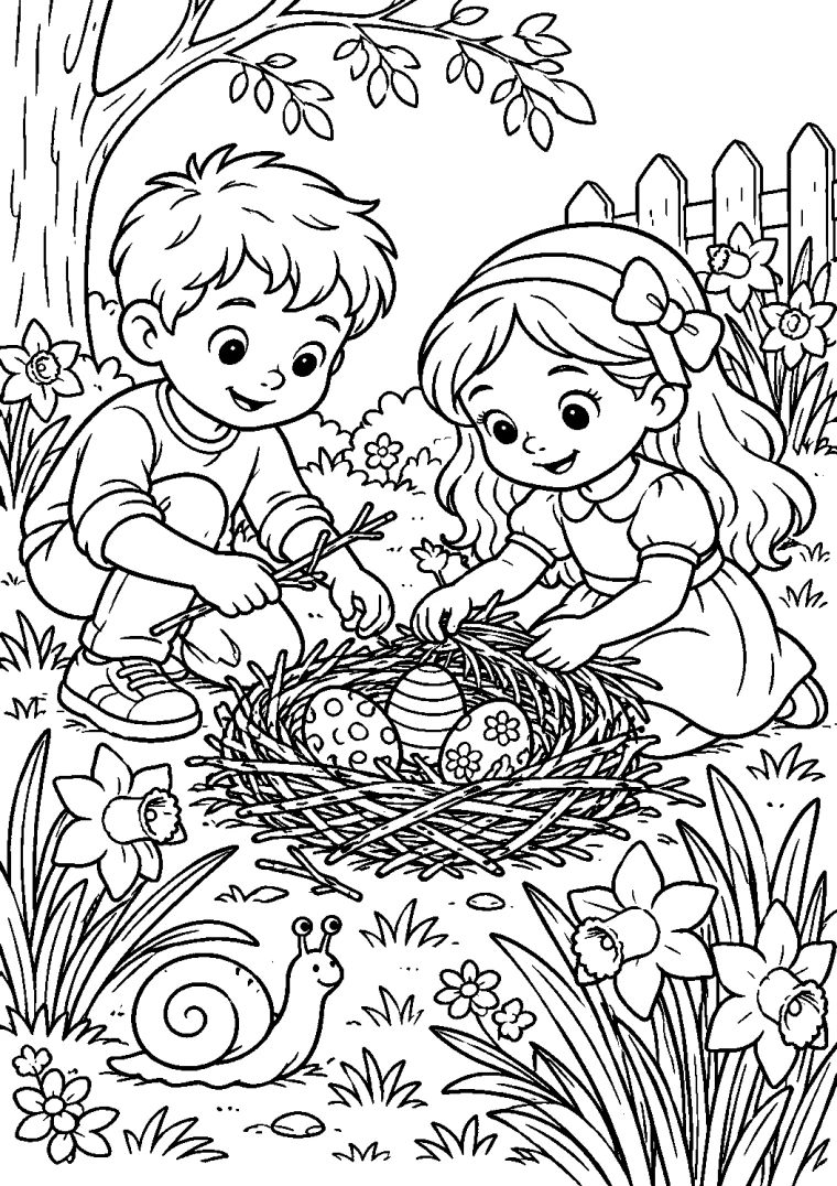 Kinder bauen ein Osternest