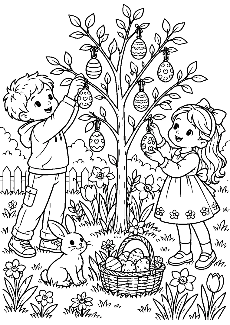 Kinder schmücken einen Osterbaum