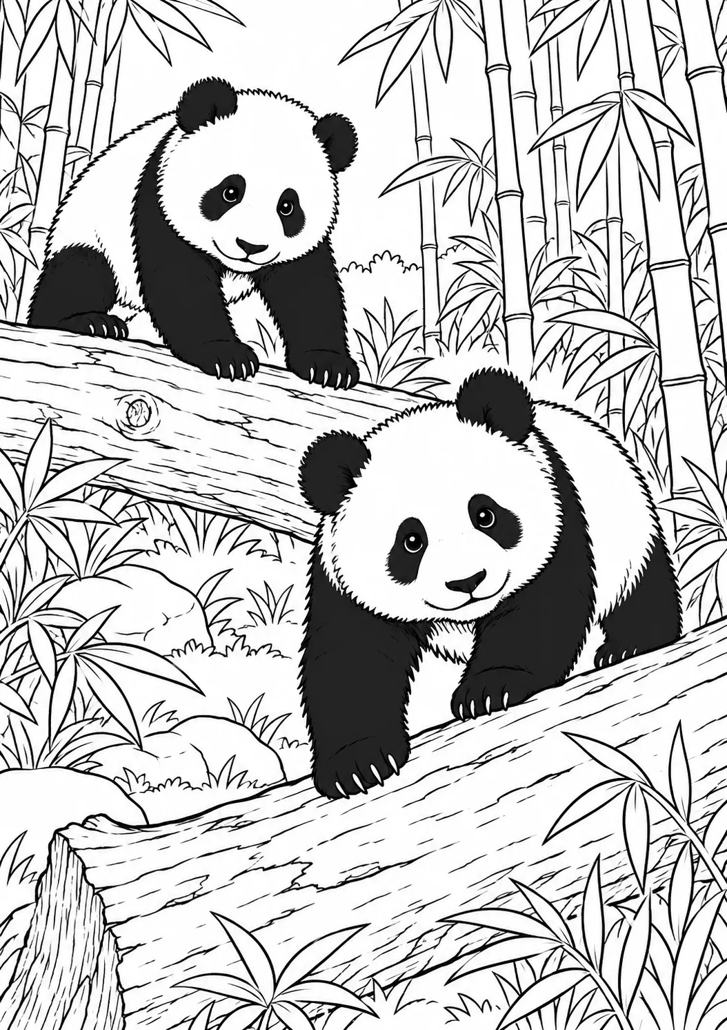 Junge Pandas auf Baumstämmen