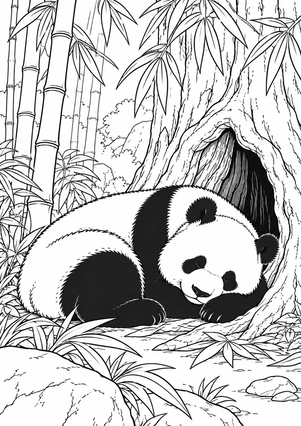 Panda schläft am hohlen Baum