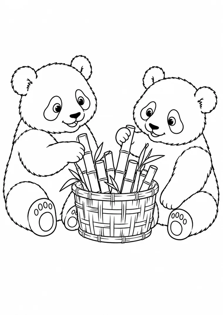 Zwei Pandas am Bambuskorb