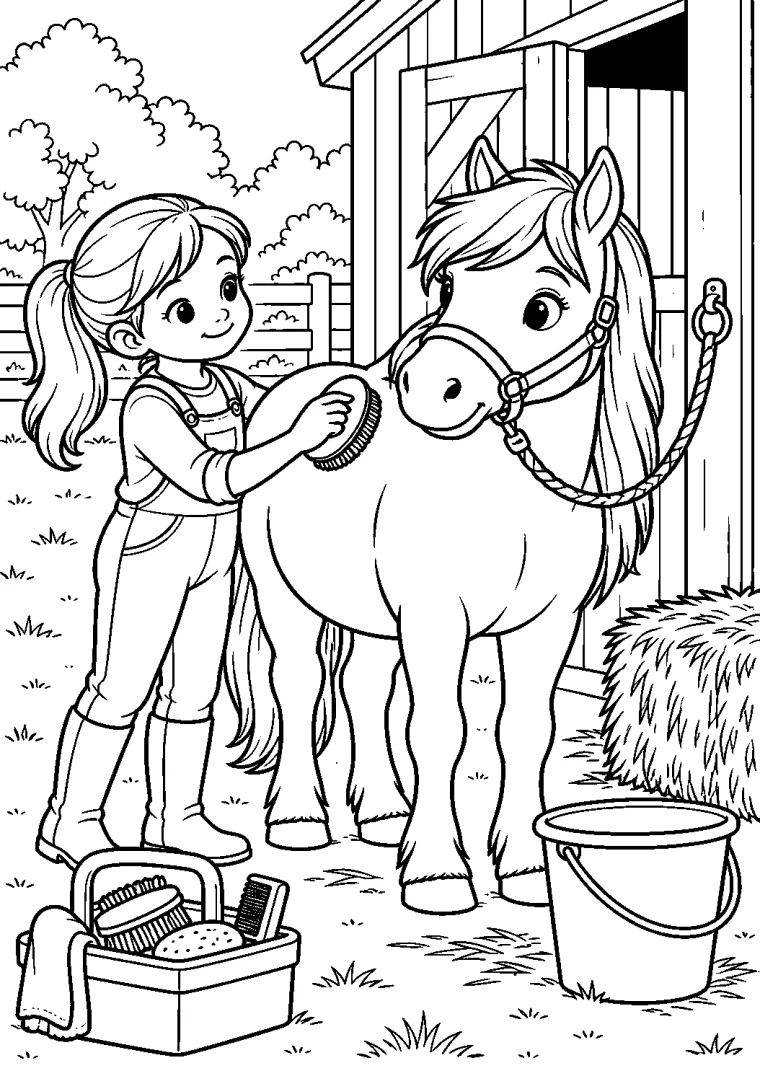 Kind striegelt ein Pony am Stall