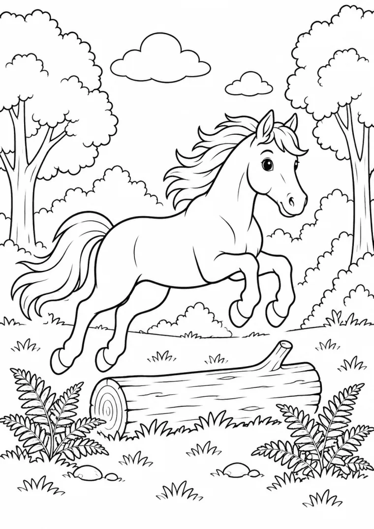 Pferd springt über einen Baumstamm