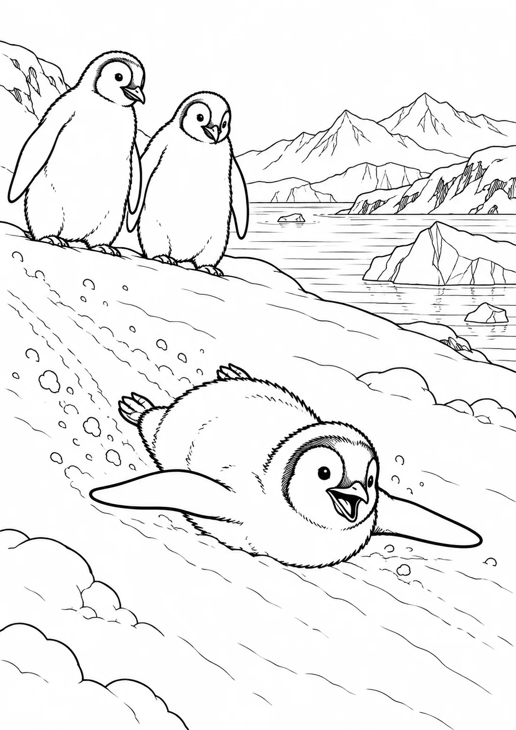 Junger Pinguin rutscht im Schnee