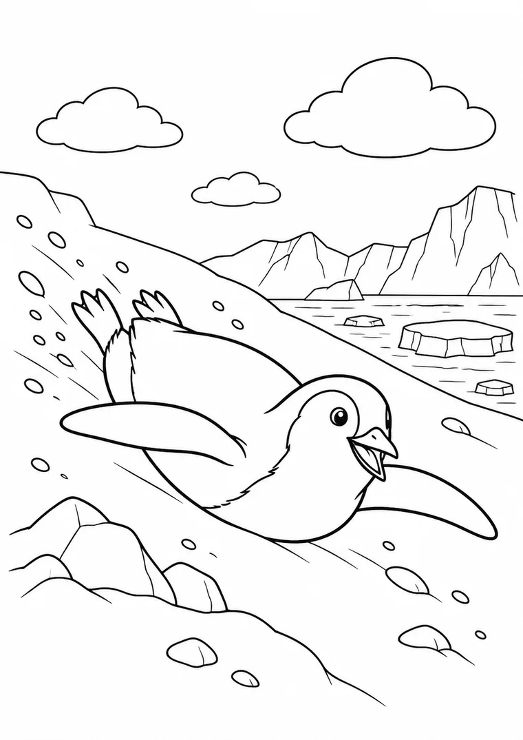 Pinguin rutscht im Schnee