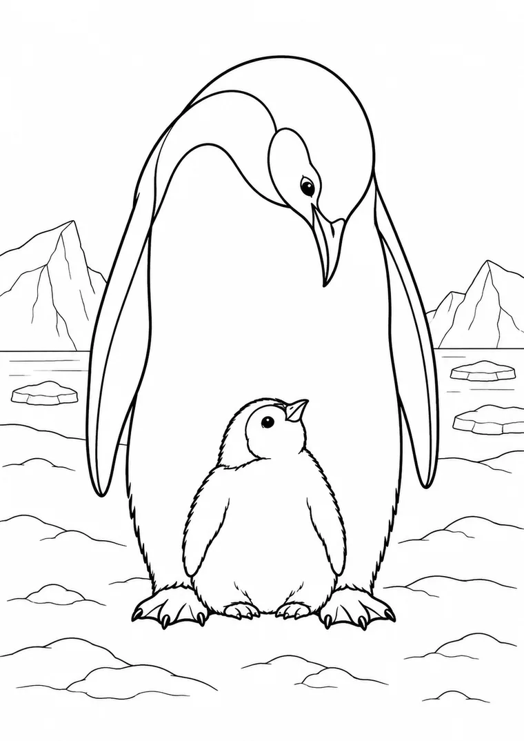Pinguinelternteil schützt sein Küken
