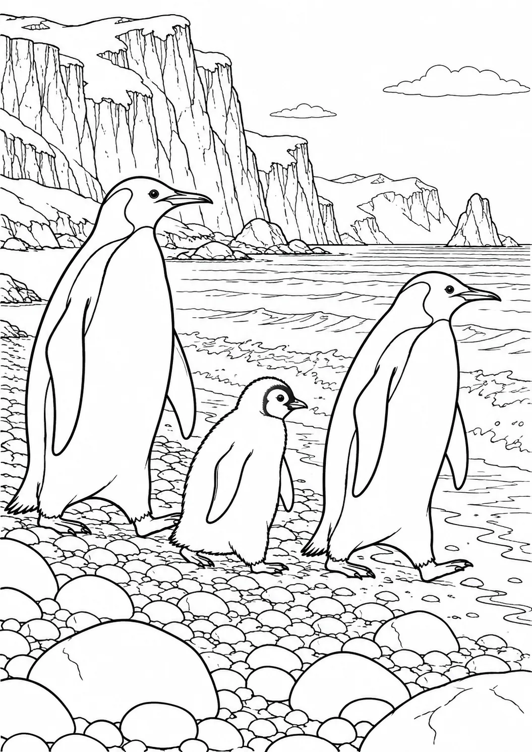 Pinguinfamilie am Kieselstrand