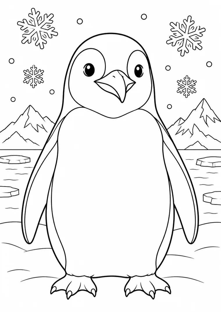Pinguinporträt mit Schneeflocken