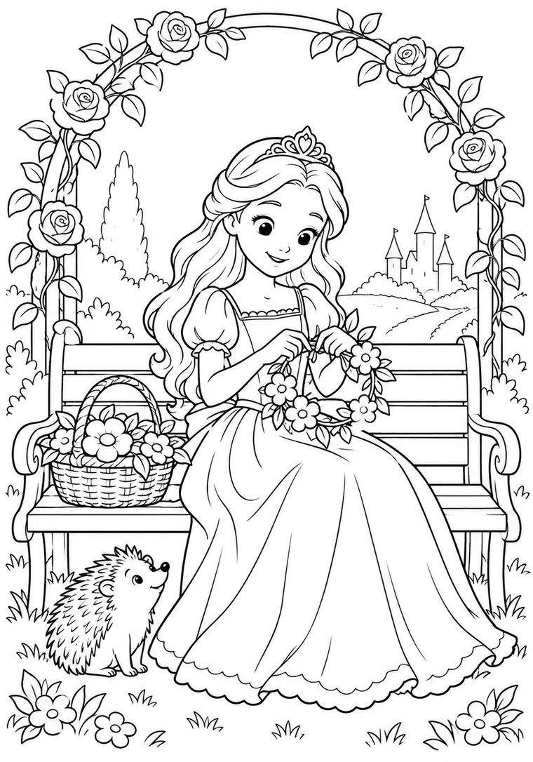 Prinzessin beim Binden eines Blumenkranzes