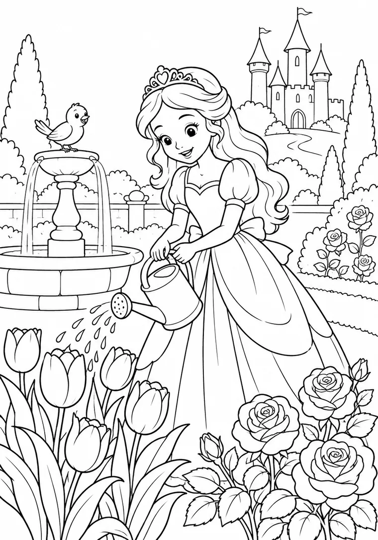 Prinzessin beim Blumengießen
