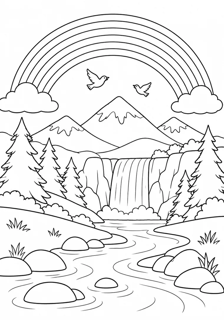Regenbogen über einem Bergwasserfall