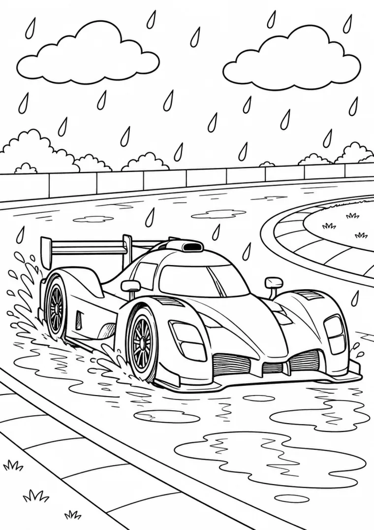 Rennauto im Regen