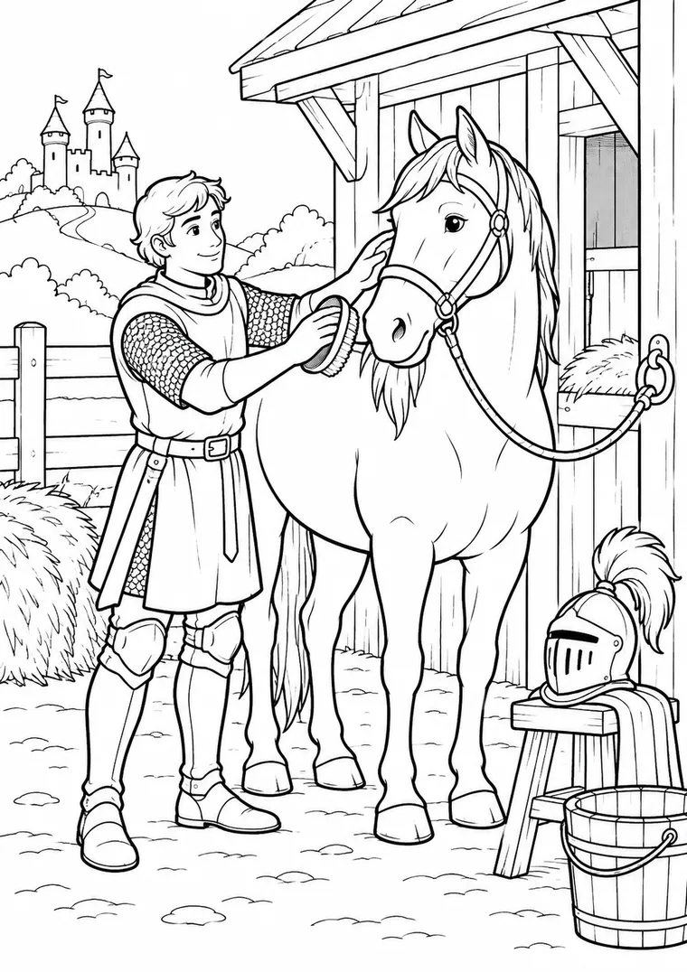 Ritter pflegt sein Pferd