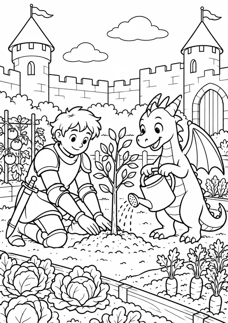 Ritter und Drache pflanzen einen Baum