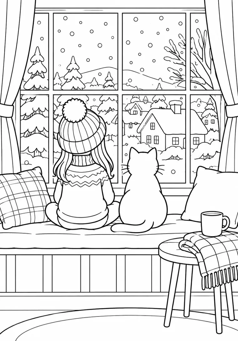 Kind und Katze am Winterfenster