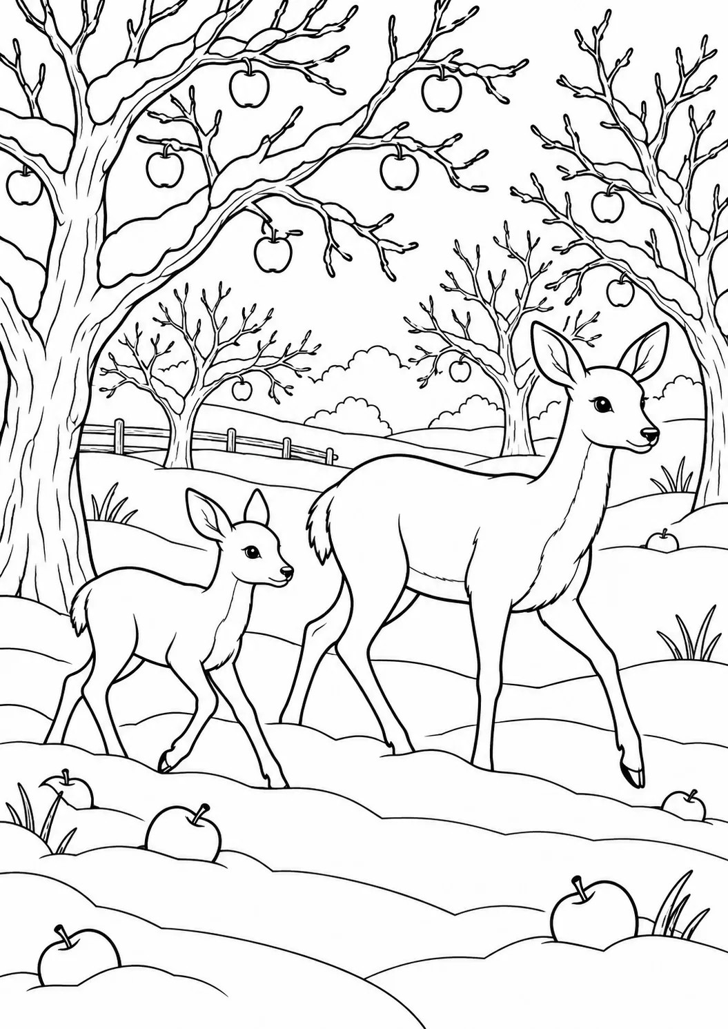 Rehe im verschneiten Obstgarten