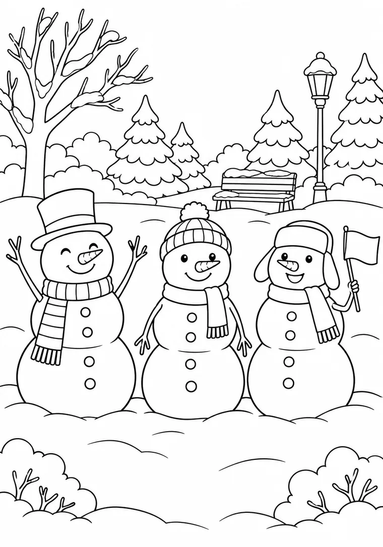 Drei Schneemänner im Park