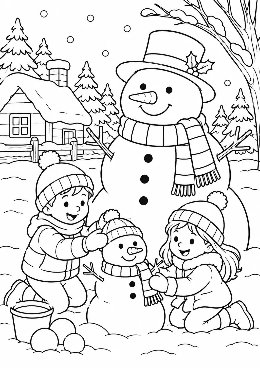 Kinder bauen einen kleinen Schneemann