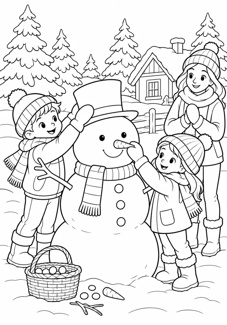 Kinder schmücken einen Schneemann