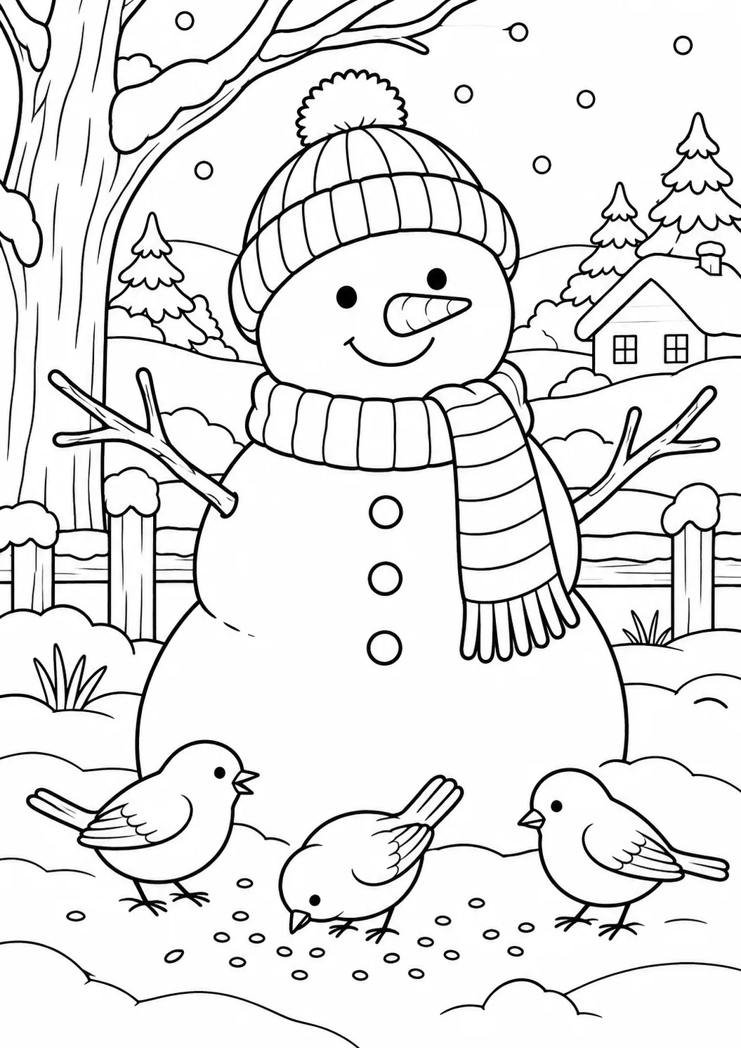Schneemann mit drei Vögeln